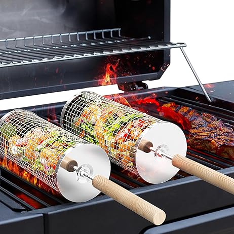 Best Seller ivtivfu Rolling Grill Basket, Removable Wooden Handle, 304 Stainless Steel, Nesting BBQ Tools, Smoker Grilling...