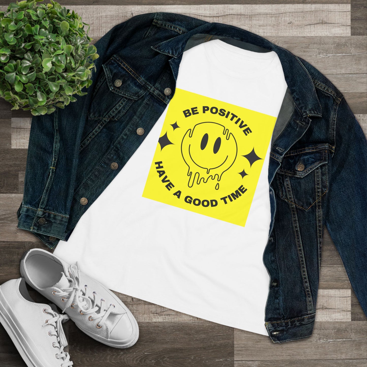 Positive Smiley Graphic Tee — "Be Positive Have a Good Time" Women’s Cotton T-Shirt