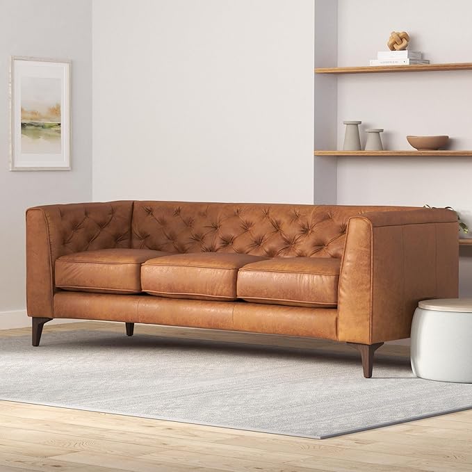 POLY & BARK Essex 89” Full-Grain Italian Leather Sofa – Tufted Back, Feather-Down