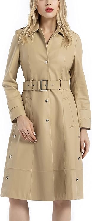 Women's Lambskin Leather Coat Camel Lapel