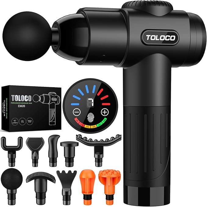 TOLOCO Massage Gun - Deep Tissue Percussion Massager for Athletes - Muscle Back Neck Massager for Pain Relief with 10 Replaceable Heads & LCD Touch Screen