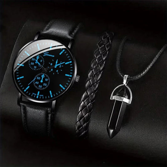 3PCS/Set Men Business Watches Casual Leather Band Analog Male's
