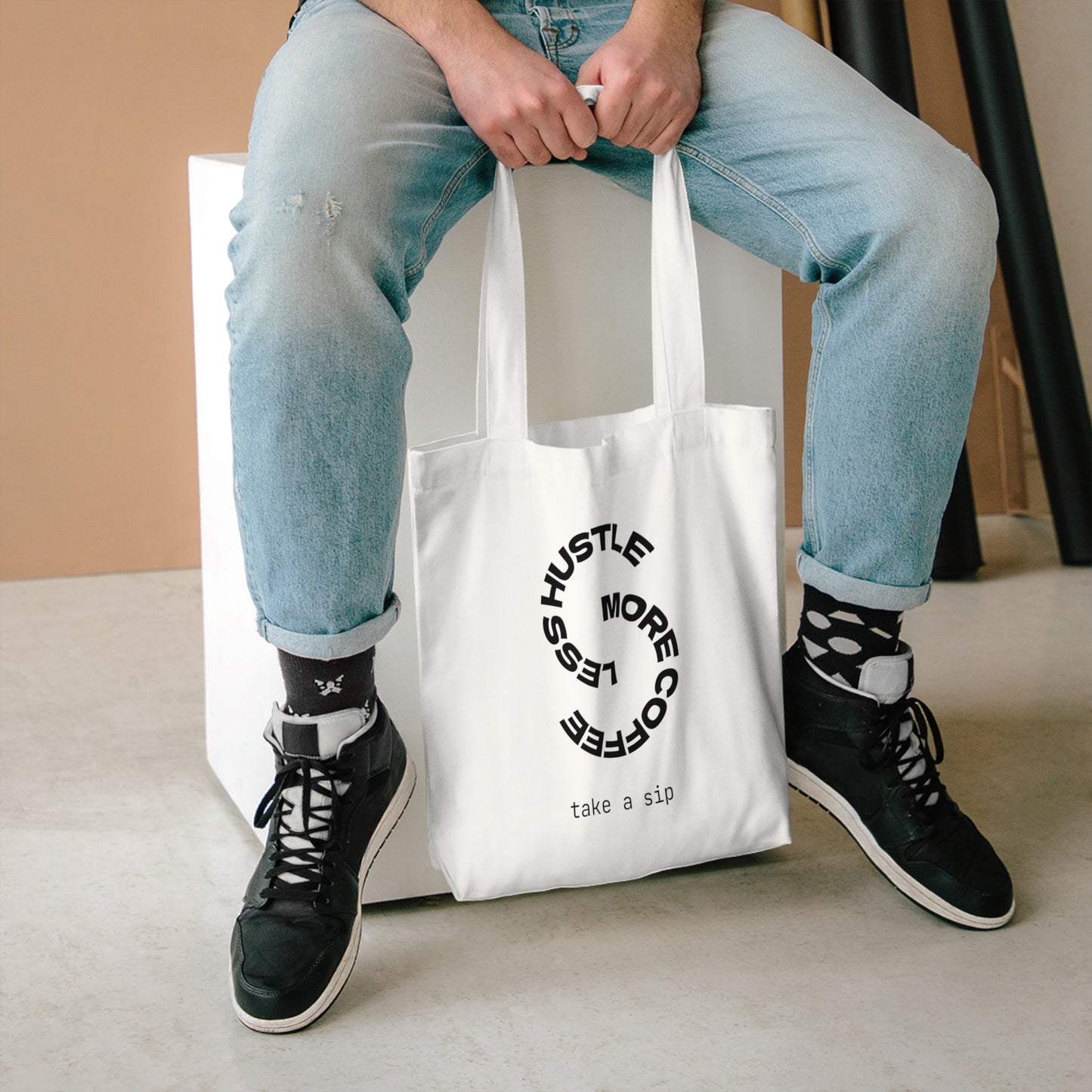 Canvas Tote Bag - “Hustle More, Coffee Less” Minimal Graphic Eco Shopper