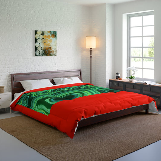 Abstract Green Swirl Comforter – Psychedelic Marble Bedding with Red Border