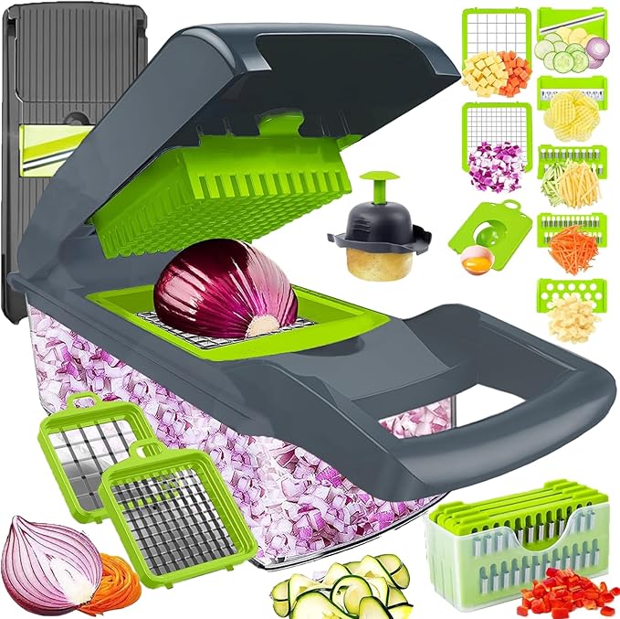 Vegetable Chopper Slicer Dicer: 12-Blade Manual Food Processor for Fast Meal Prep - Heavy Duty Veggie Cutter & Cabbage Shredder with Catch Tray - Easy Clean Potato & Onion Dicer for Healthy Cooking
