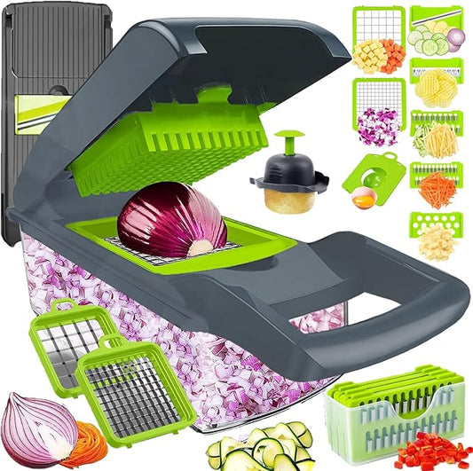Vegetable Chopper Slicer Dicer: 12-Blade Manual Food Processor for Fast Meal Prep - Heavy Duty Veggie Cutter & Cabbage Shredder with Catch Tray - Easy Clean Potato & Onion Dicer for Healthy Cooking
