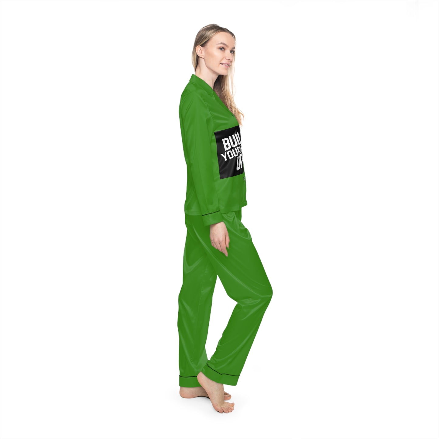 Satin Pajama Set — Green "Build Yourself Up" Lounge Sleepwear