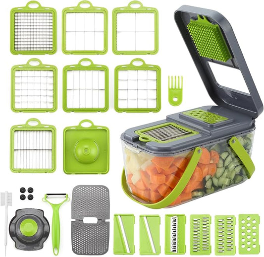 22PCS Professional Grade Vegetable & Fruit Chopper - Multifunctional 22-in-1 Mandoline Slicer and Food Dicer with Storage Container - Rust-Resistant Stainless Steel Blades - Essential Gray Kitchen Gadget