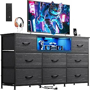 WLIVE LED Entertainment Center for 65" TV - Black Dresser TV Stand with Power Outlet & USB Ports - 8 Drawer Chest of Drawers with Open Storage Shelves & Wood Top