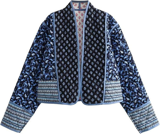 Floral Print Quilted Puffer Cardigan - Wyeysyt Women's Cropped Lightweight Padded Jacket - Open Front Vintage Style Short Floral Coat - Floral Quilted Outerwear 2026