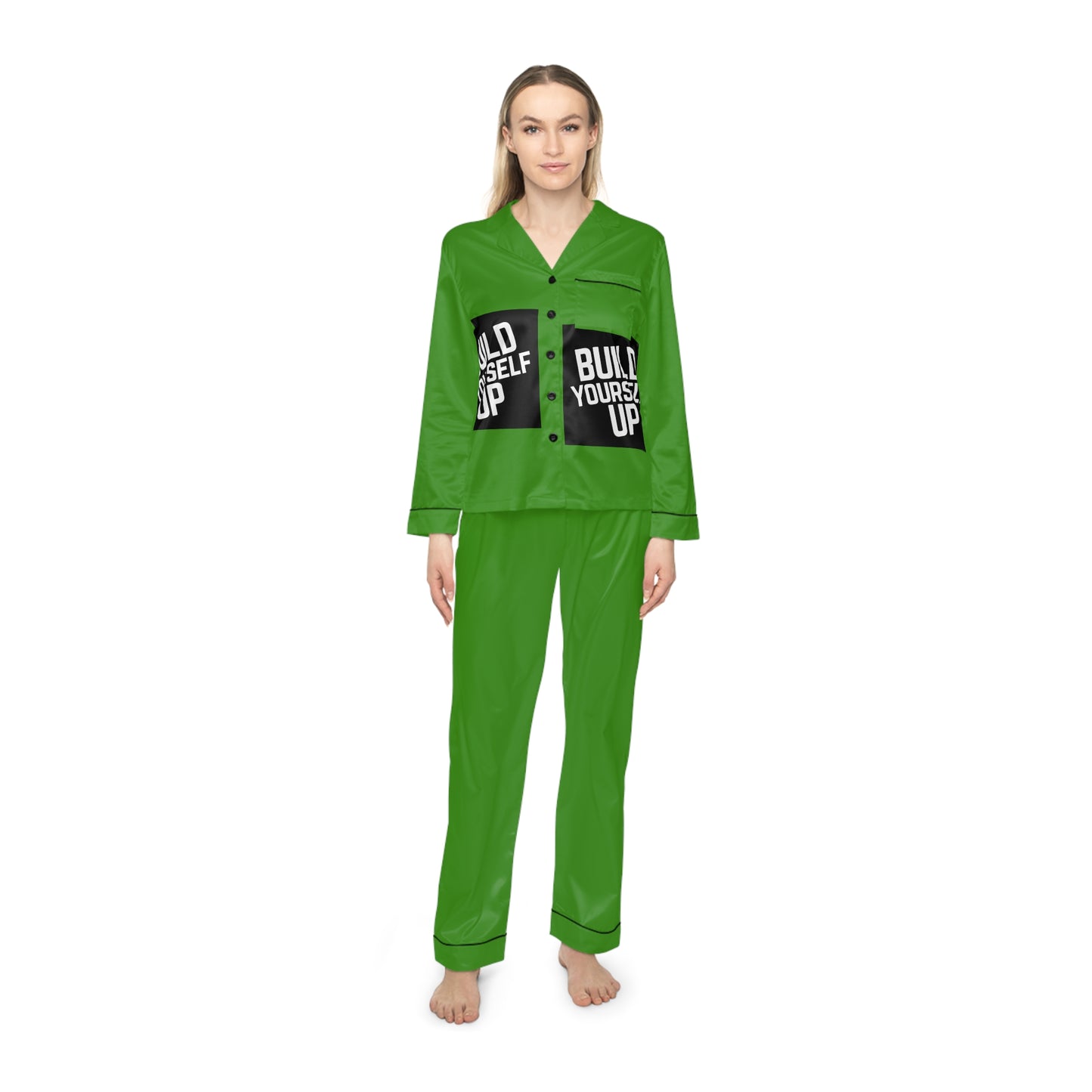 Satin Pajama Set — Green "Build Yourself Up" Lounge Sleepwear