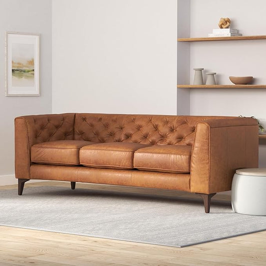 POLY & BARK Essex 89” Full-Grain Italian Leather Sofa – Tufted Back, Feather-Down
