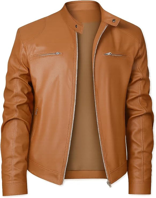 Men’s Leather Jacket Classic Biker Style Motorcycle Coat Fit Fashion Casual Lightweight